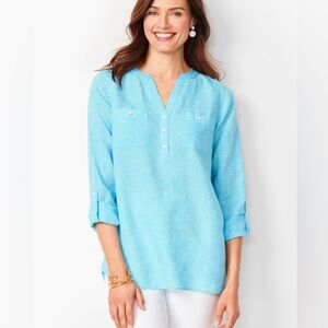 Talbots Linen Popover Tunic Womens PM Blue Coastal Preppy Lightweight Blouse